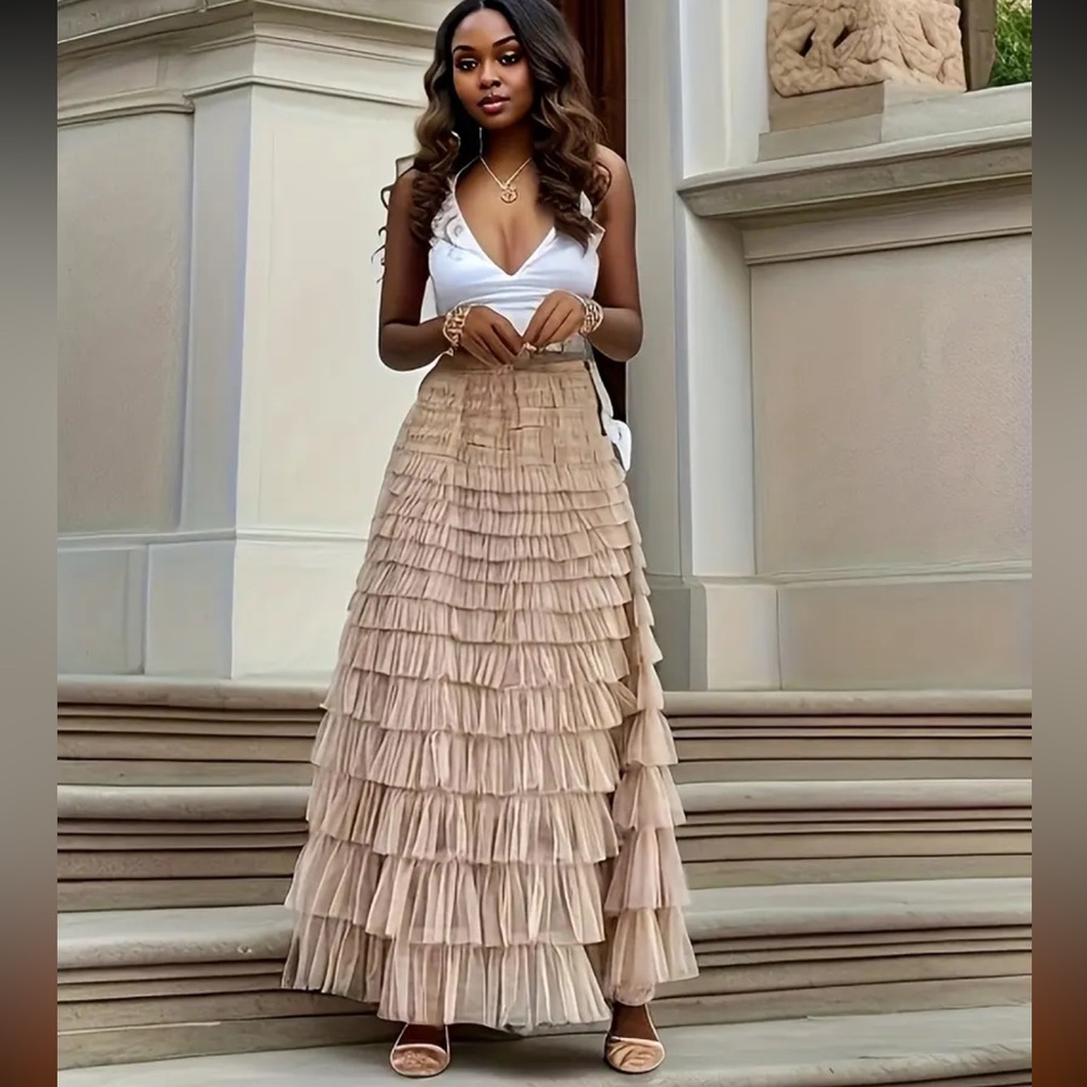 Tiered Ruffle Maxi Skirt - Beige